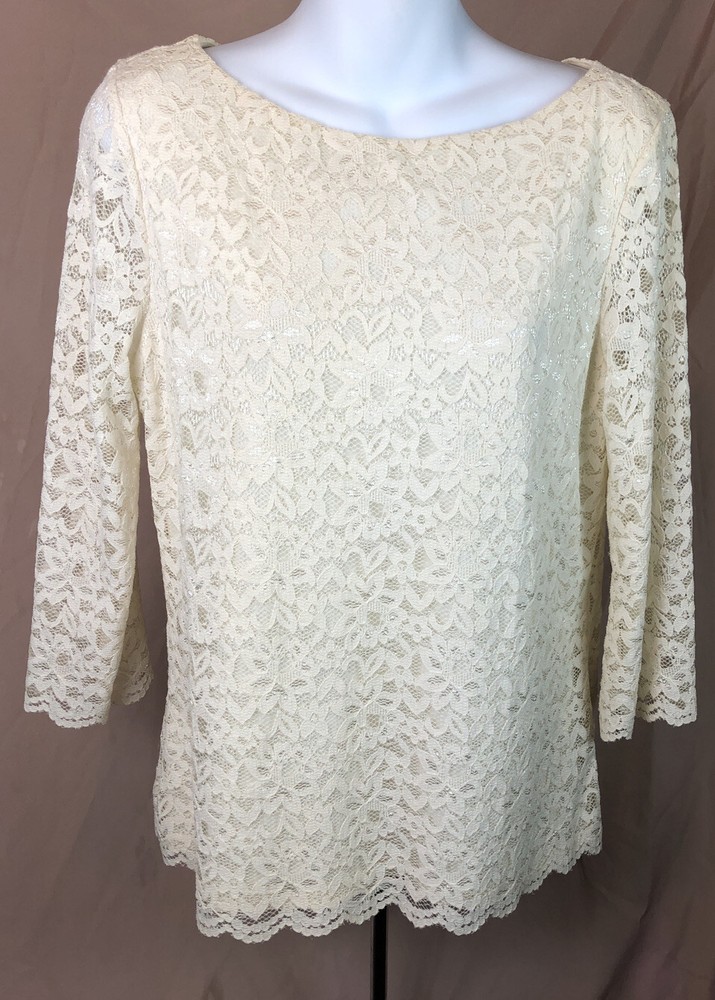 Vintage Lace Top M Cream Ivory Floral 3/4 Sleeves Womans Fairy Coquette Dainty