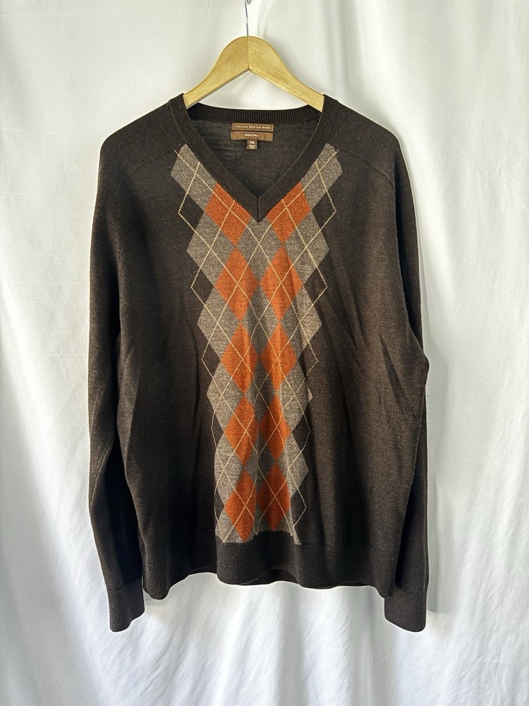 Merona Men's Merino Wool Brown Pullover Size XXL Argyle Print V Neck Sweater