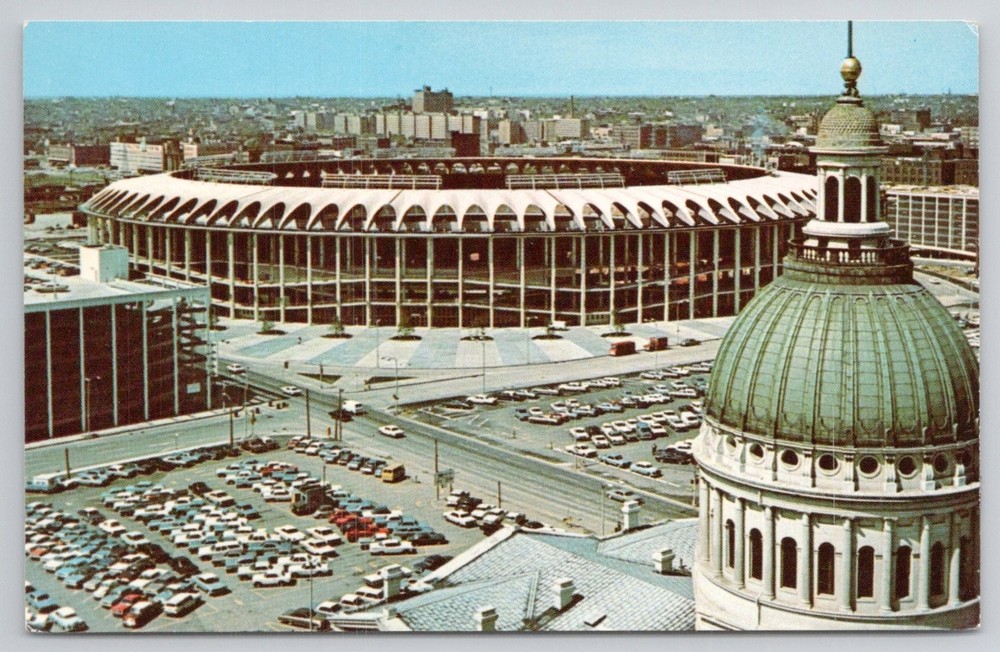 Busch Memorial Stadium St. Louis MO Postcard w/ Old Courthouse View 1960s