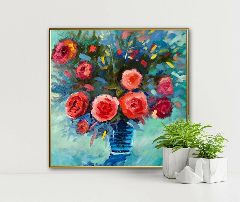 Flower Painting in Vase Red Roses Paiting on Canvas Handmade Original Art