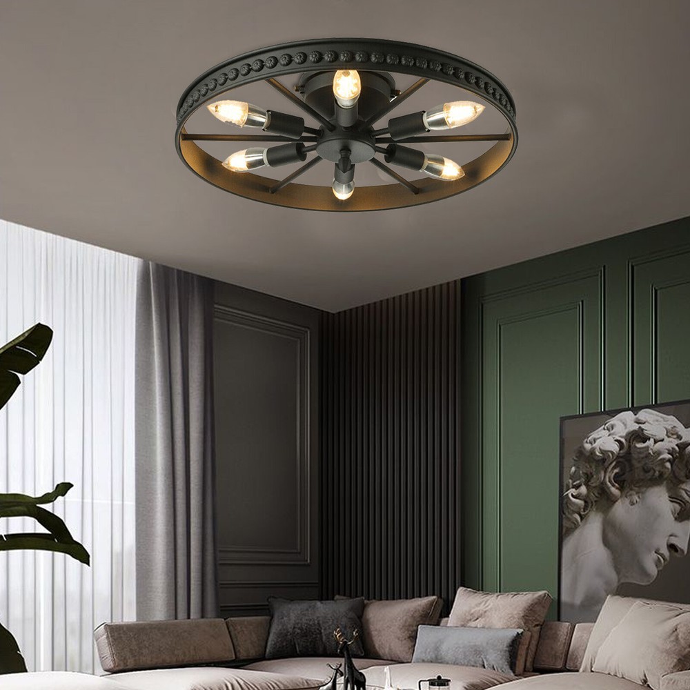 Industrial 6-Light Wagon Wheel Chandelier Flush Mount Ceiling Fixture