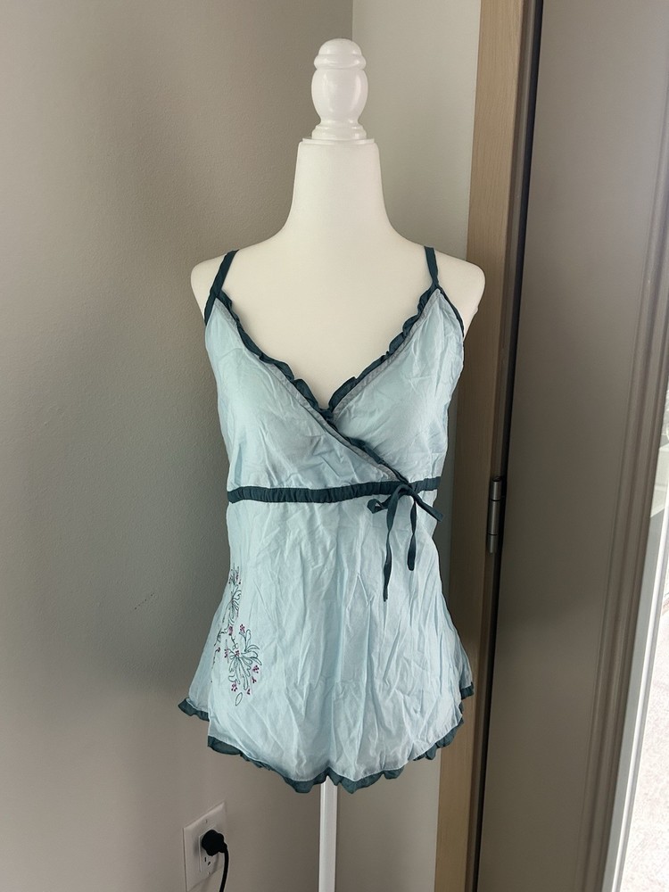 Aqua Blue Embroidered Floral Babydoll Bow Top Y2K Fairy Coquette Feminine