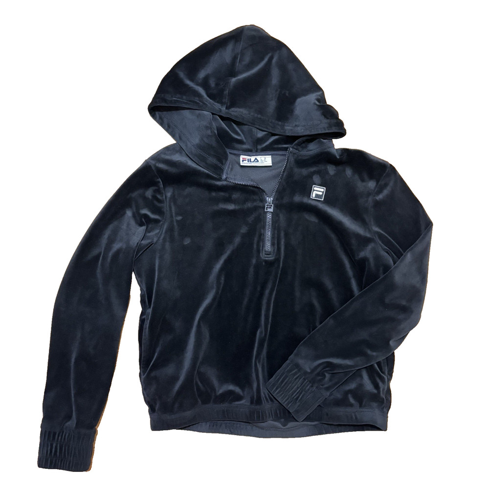FILA Black Velour Velvet 1/4 Zip Long Sleeve Pullover Hoodie Black Women's Sz M