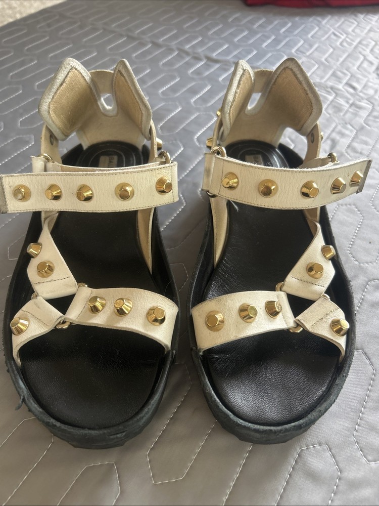 Balenciaga Sandals Slides Gold Stunning Giant Studded White Size 6.5 US 37 EU