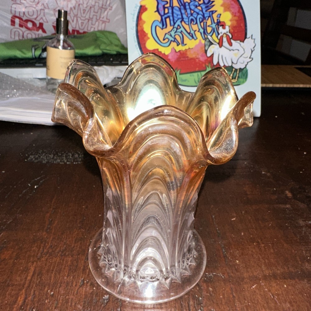 Fenton Marigold Small Swung Vase Boggy Bayou Carnival Glass 5.5” Vintage￼