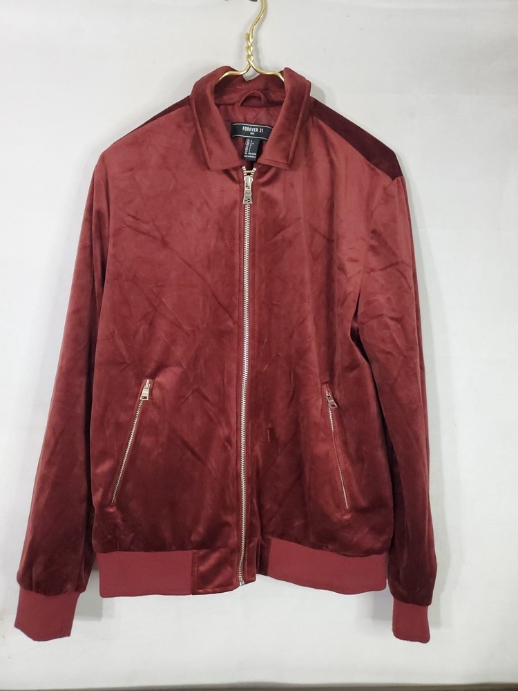 Forever 21 Men's Size Large Velvet Burgandy Maroon Zip Up Jacket Suede w Pockets