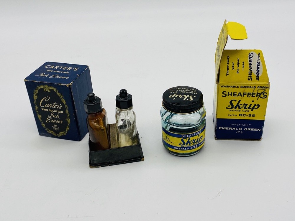 Vintage SHEAFFER'S Skrip Writing Fluid Advertising Jar Green CARTER'S Ink Eraser
