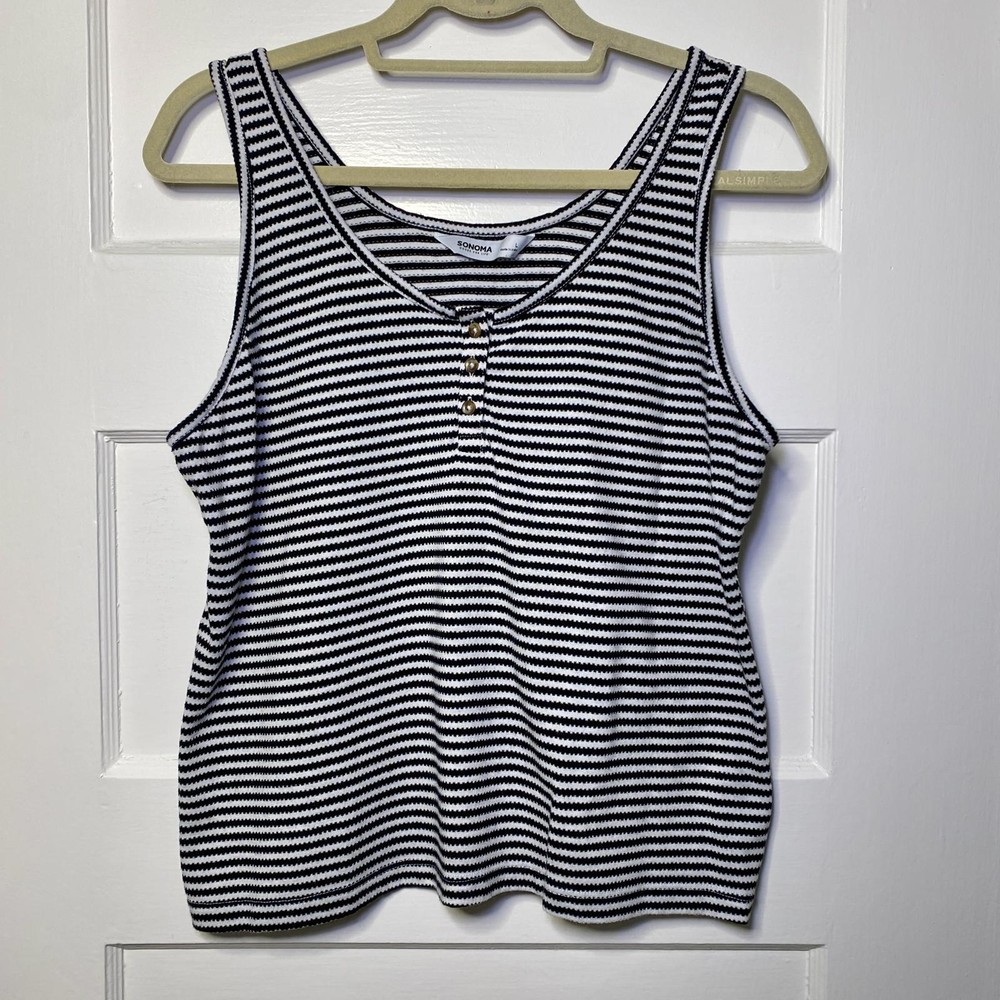 SONOMA Striped Tank Top Classic Black & White Womens Large Casual Minimalist Mod