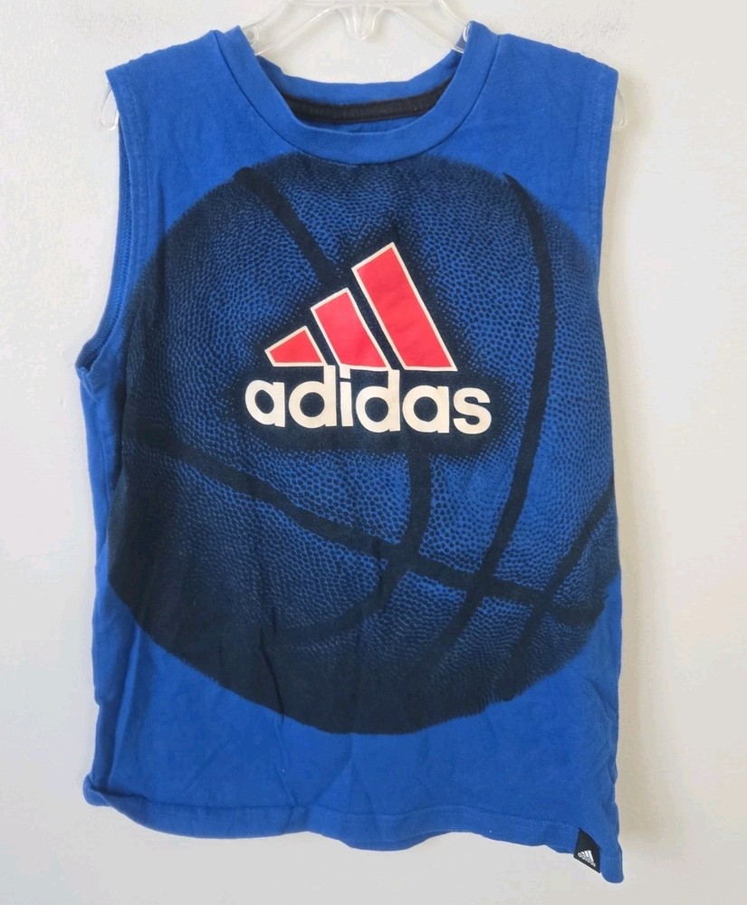 Adidas Boys Tank Top Size 7X Blue Basketball Logo Sleeveless Shirt Graphic...
