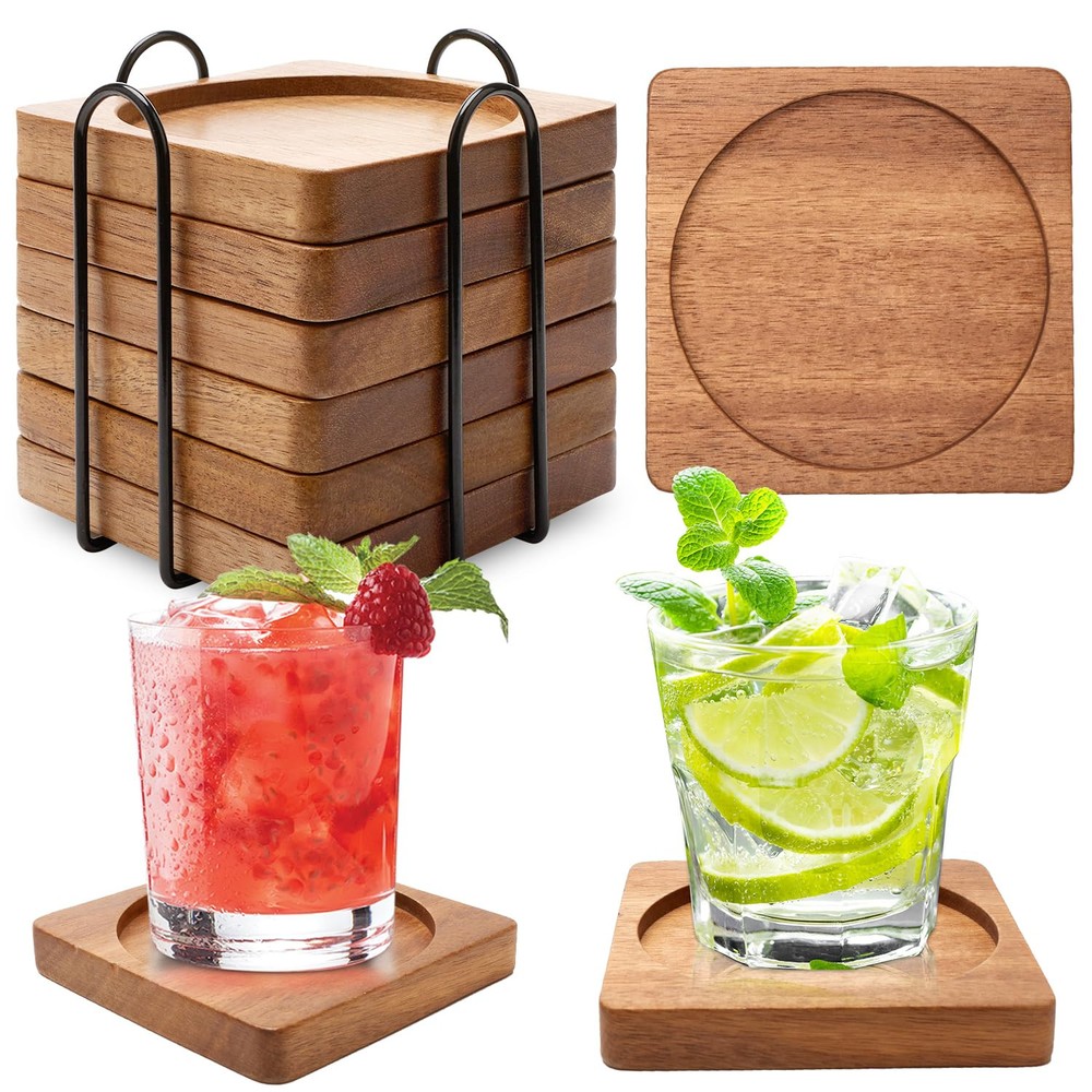 Acacia Wood Coasters for Drink Coffee Table Coaster Set of 6 Cup Coasters wit...-image