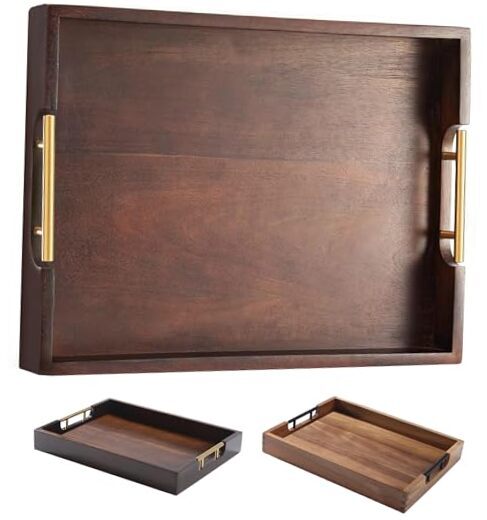 Acacia Wood Serving Tray with Metal Handles 17x13 Inch Dark Brown  -image