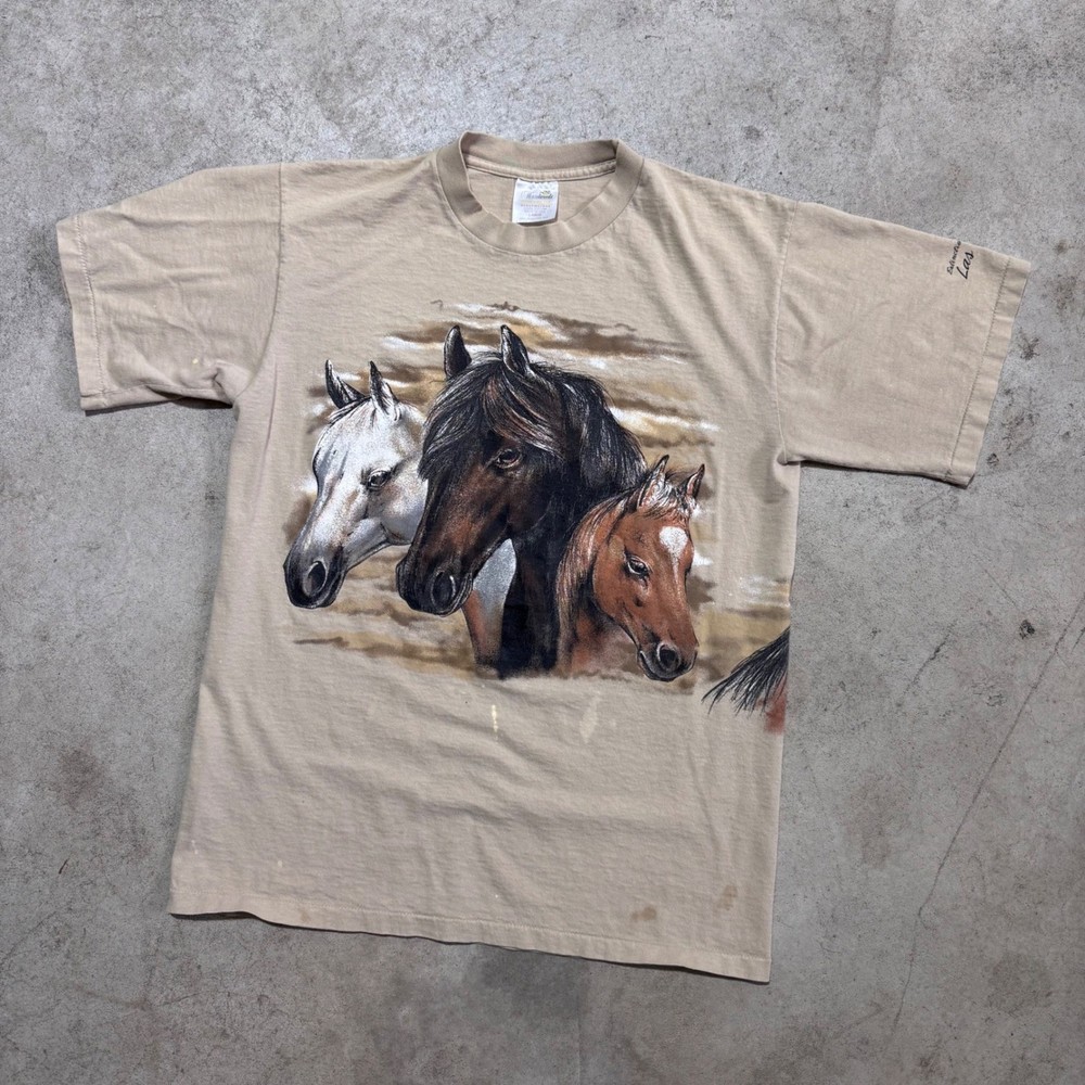 Vintage 90s Made in USA Horse Nature T Shirt Wrap Around Beige Large