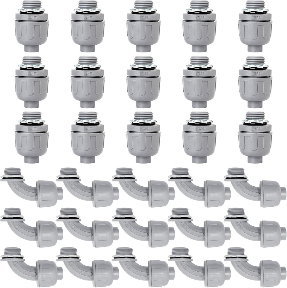 30 Pack 1/2 Inch Liquid Tight Connectors - PVC Electrical Conduit Fittings, Stra