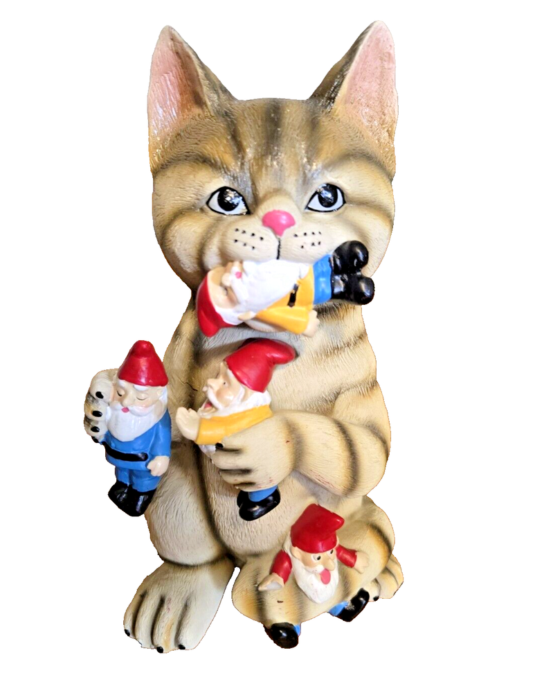 I34 Mischievous Gnome Eating Cat - By Mark & Margot  Garden Statue 10 inches