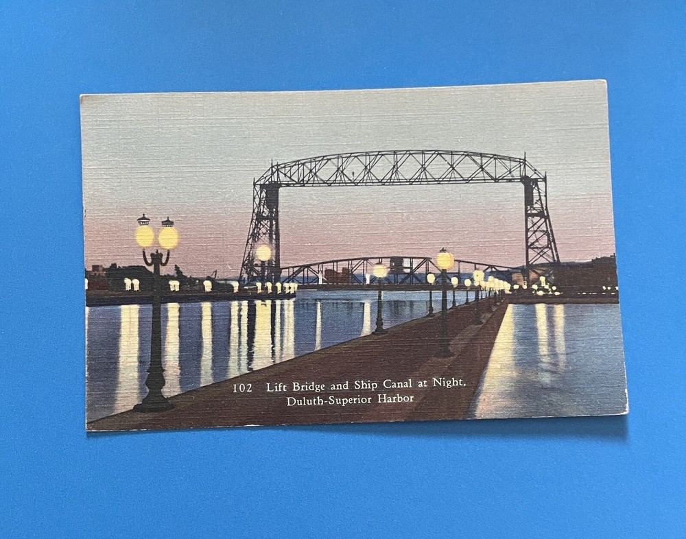 Minnesota Duluth Superior Harbor Lift Bridge Ship Canal Night Linen Postcard