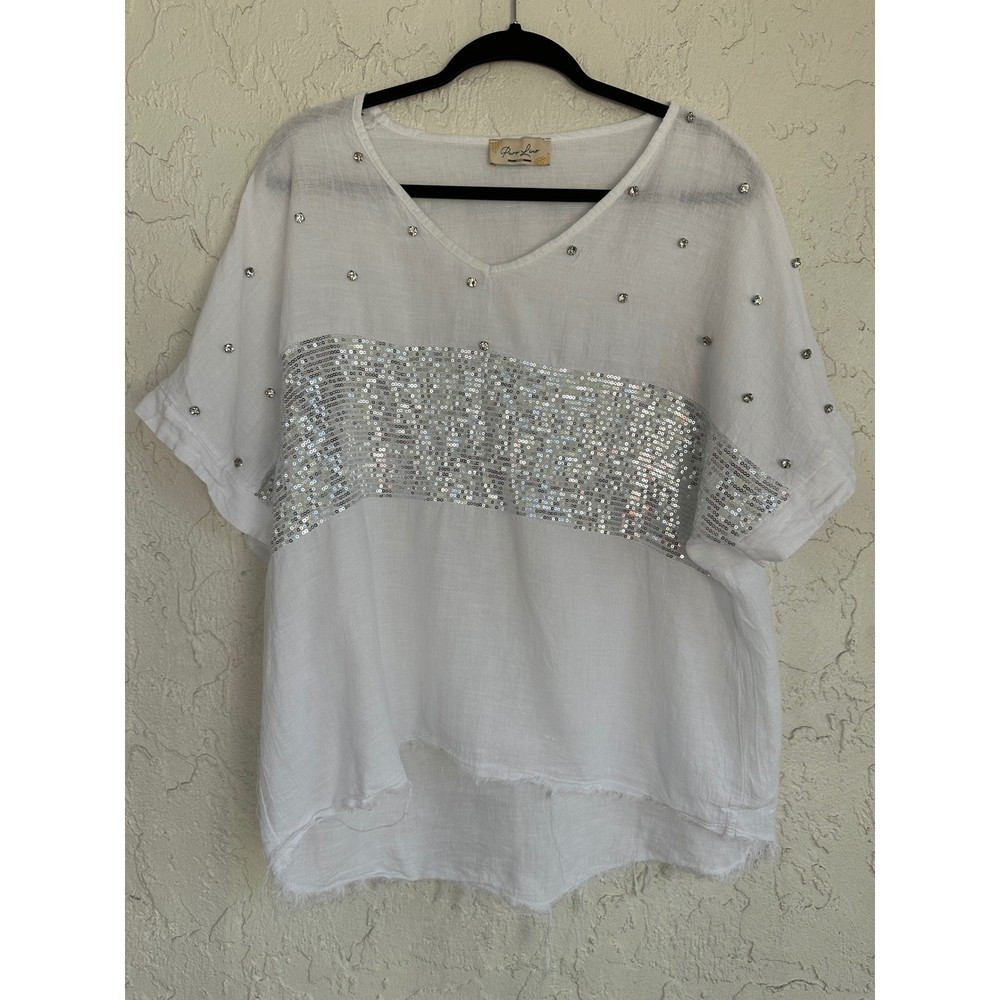 Puro Lino Womens White Linen Sequin Rhinestone V-Neck Blouse Made in Italy Large