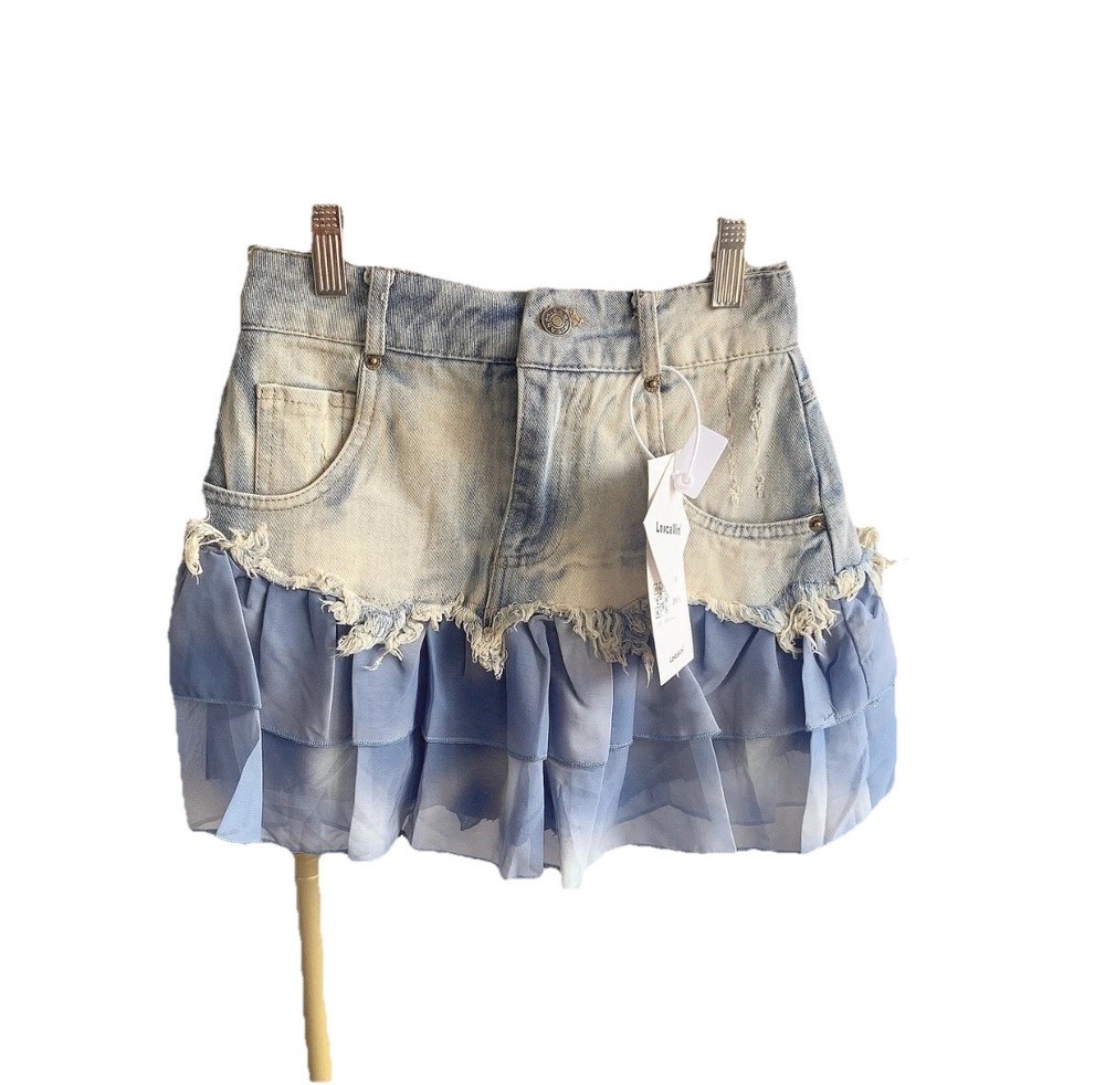 Y2K Distressed Denim Mesh Ruffle Mini Skirt Blue Frayed Low Rise S