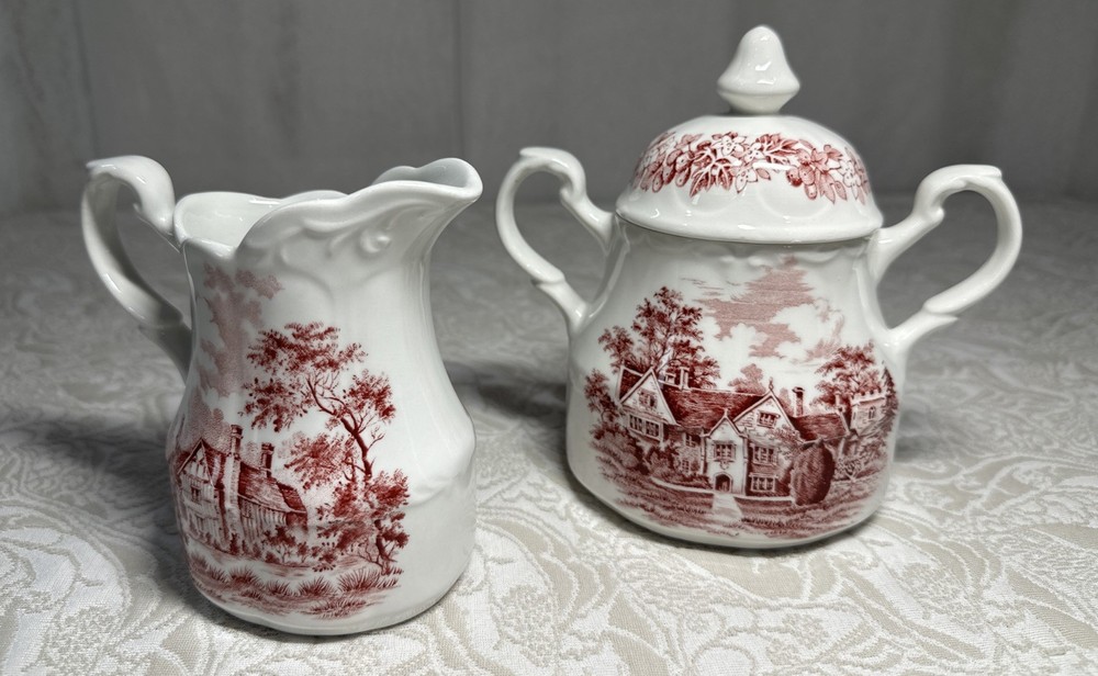 Vtg. J&G Meakin Romantic England Creamer Sugar w/ Lid Red Set
