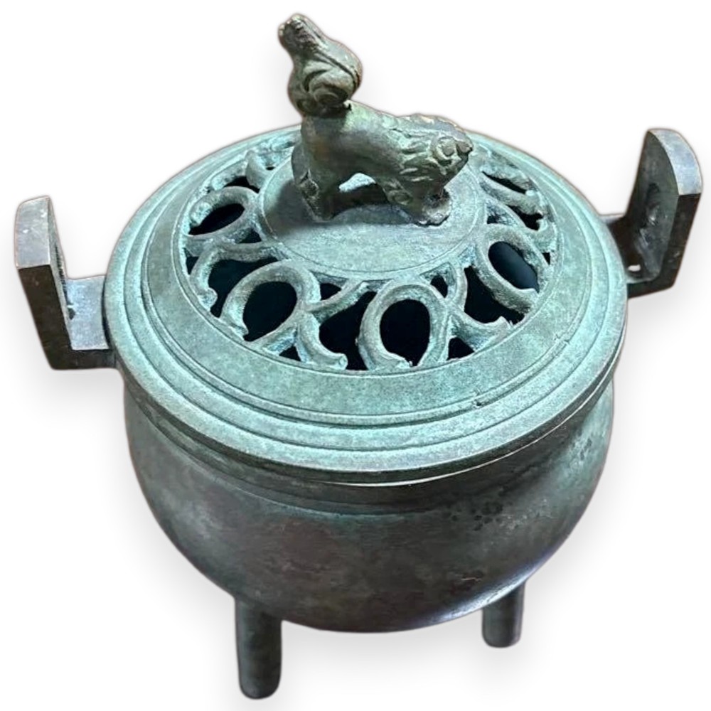 Japanese Bronze Incense Burner Metal Censer Shishi Lion Metalwork 3.9 inch