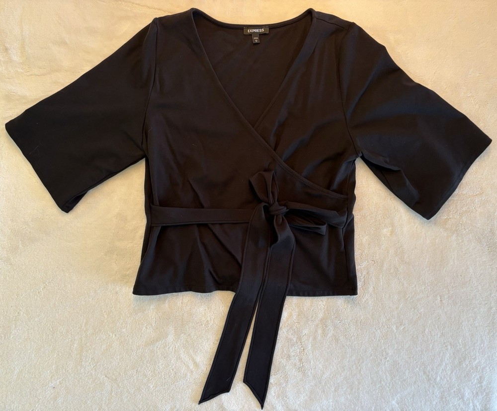 Express | M | Black V Neck Wrap Tie-Front Short Wide Sleeve Blouse