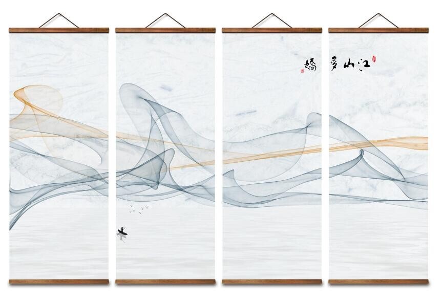 MT4004 Abstract Landscape Swallow Fishing Boat Canvas Poster Wood Scroll Home