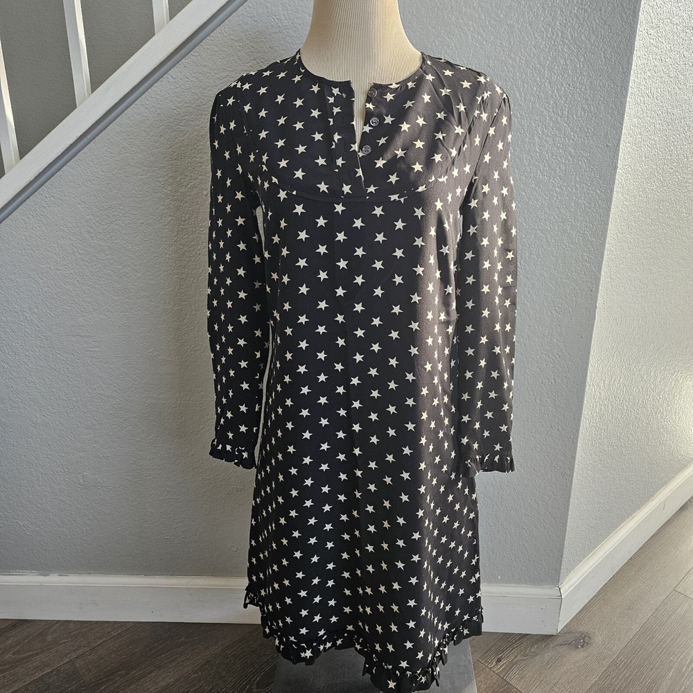 J.Crew Collection Star Print 100% Silk Dress Black White Long Sleeve Sx  00(XXS)