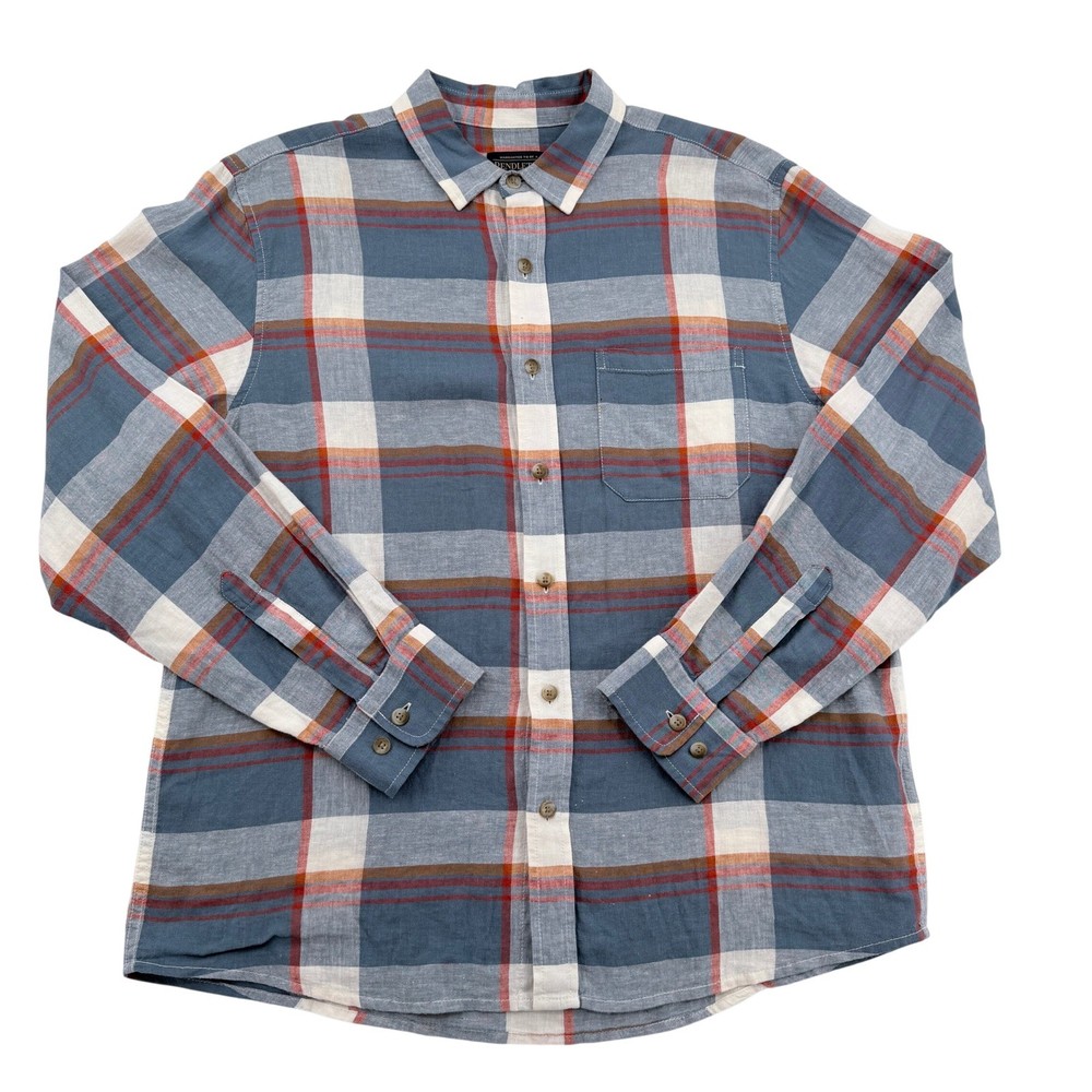 Pendleton Mens Blue Plaid Linen Rayon Blend Long Sleeve Button Down Shirt Large