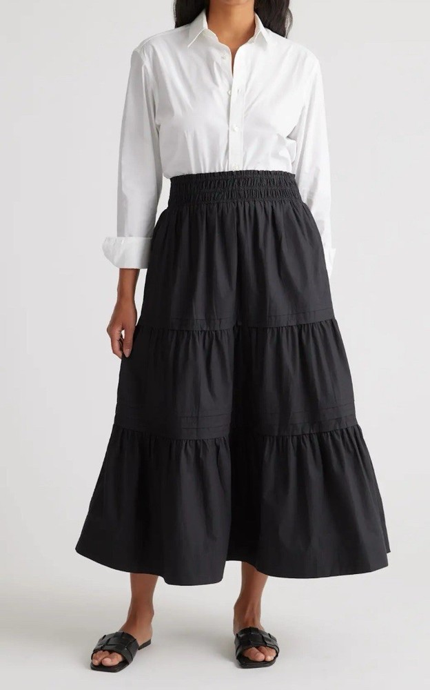Quince Women’s Organic Cotton Poplin Tiered Maxi Skirt, Black.  Size Small.