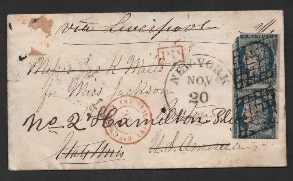FRANCE TO US 1851 CERES IMPERF PAIR SCOTT #6A TIED PARIS TO NEW YORK