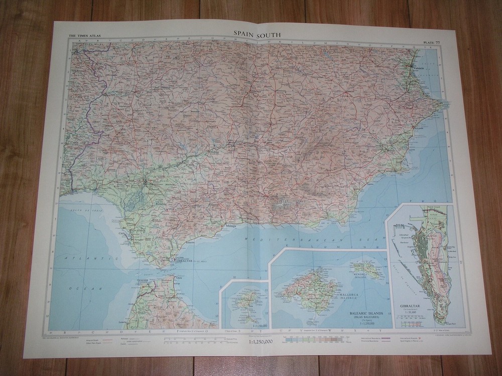 1956 Vintage Map Of Southern Spain Andalusia Majorca / Gibraltar Inset Map