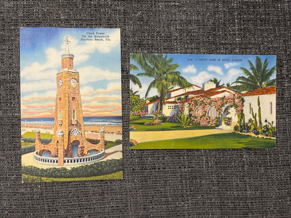 Vintage Linen Postcard Daytona Beach, FL~The Clock Tower & A Sunny Florida Home