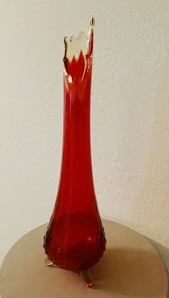 Mid-Century LE Smith Amberina Glass Hobnail Three Toe Footed Swung Vase 15”