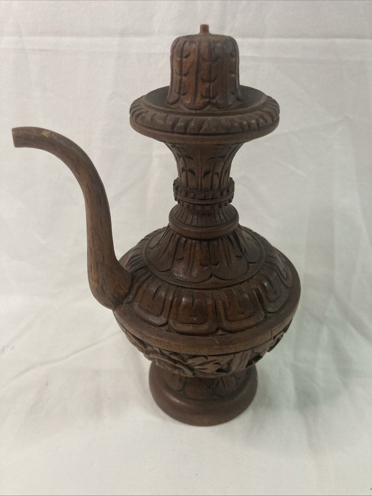 Vintage Wooden Teapot Hand Carved 7” Arabian In Design For Decoration, Only  ￼