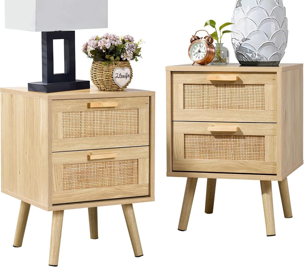 Finnhomy Nightstand, End Table, Side Table with 2 Hand Made Rattan Decorated Dra