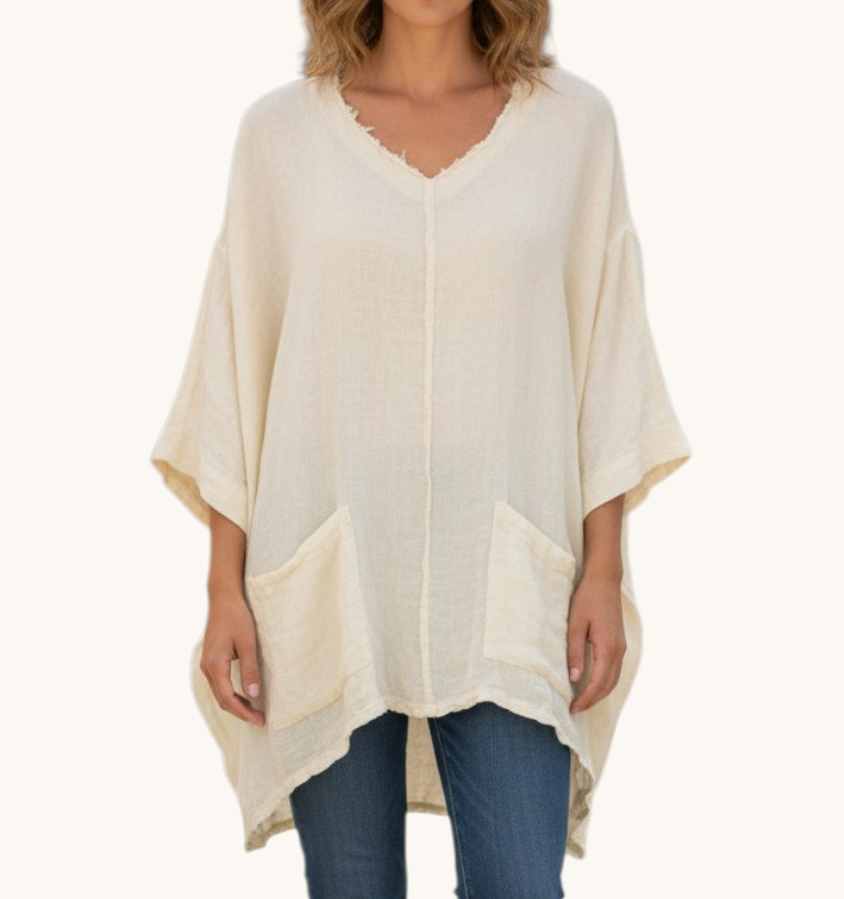 MATCHPOINT LA FIXSUN Thin LINEN Beige DROPPED SHOULDER LAGENLOOK Blouse/Top Sz M