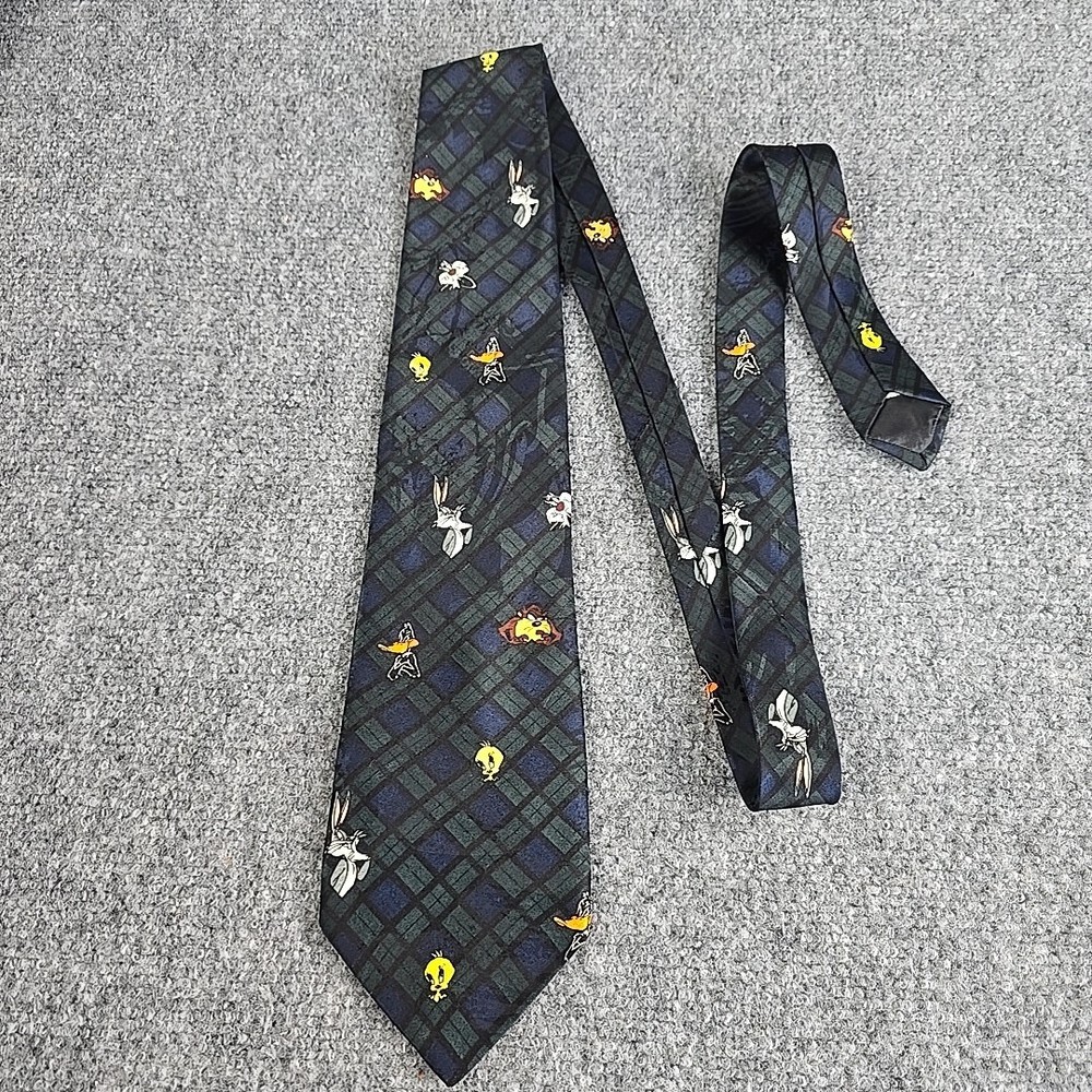 VTG 1993 Looney Tunes Tie Blue Plaid Mania Tweety Taz Daffy Bugs Sylvester 90s