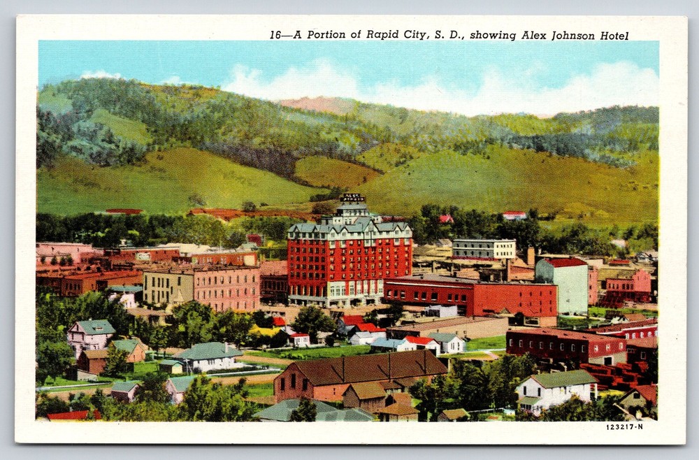 Rapid City South Dakota~Alex Johnson Hotel~Birds Eye View~Linen 1940s Postcard