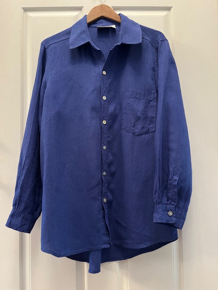 Chico's Design 100% Linen Bright Blue Button Down Long Sleeve Shirt Size 2
