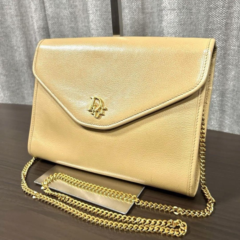 Christian Dior Beige Leather Shoulder Bag with Logo Hardware 2-Way Carry New
