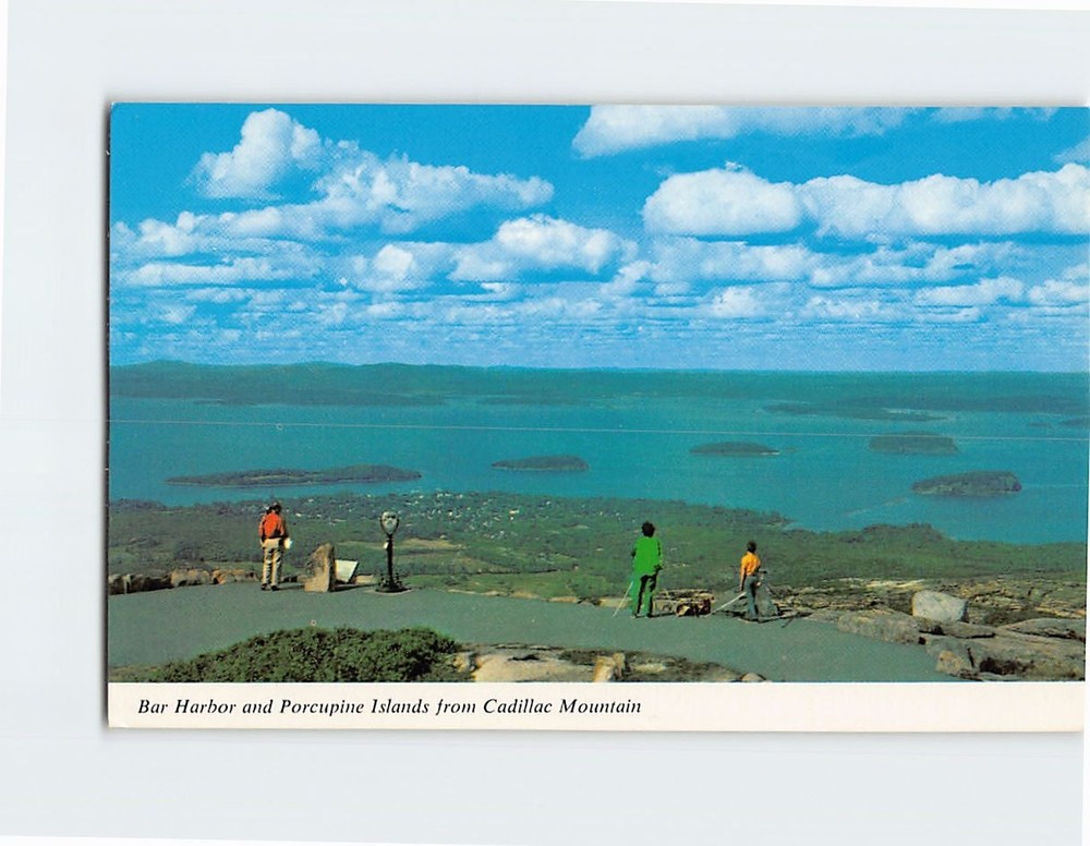 Postcard Bar Harbor and Porcupine Islands from Cadillac Mountains Maine USA