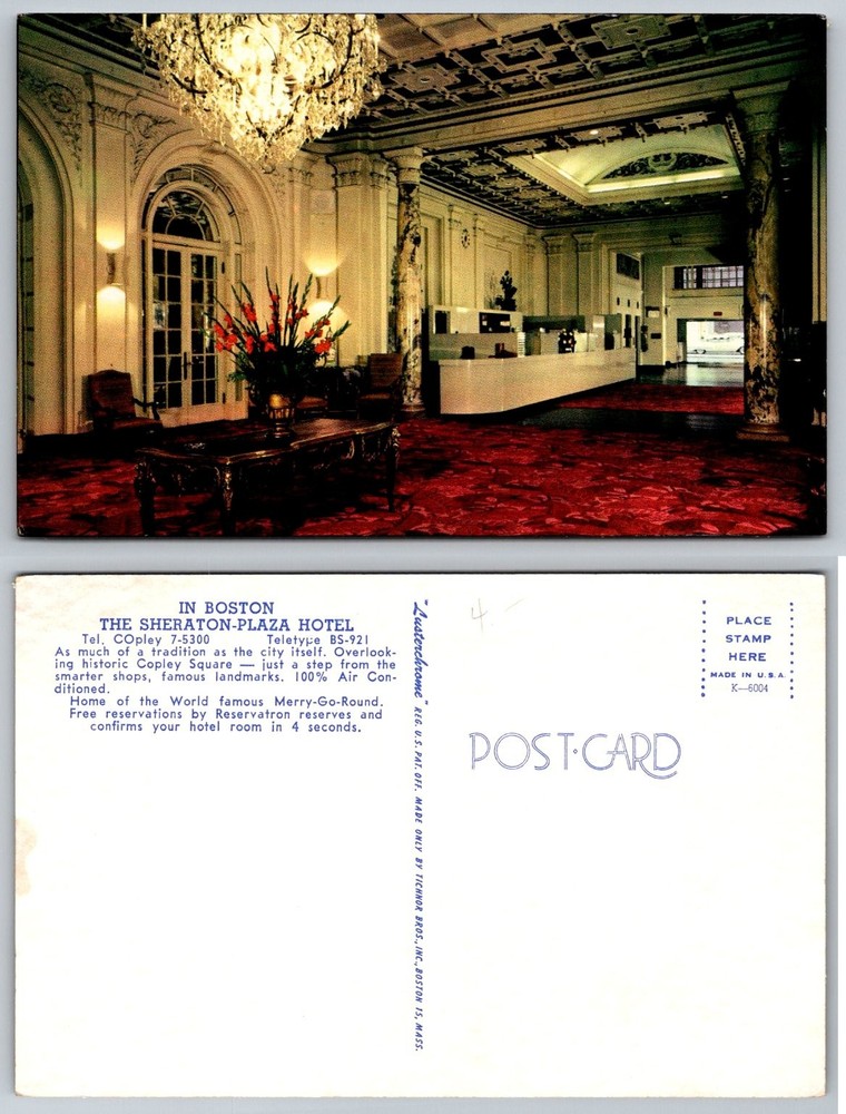 Vintage Sheraton-Plaza Hotel Boston Lusterchrome Postcard Copley Square Lobby