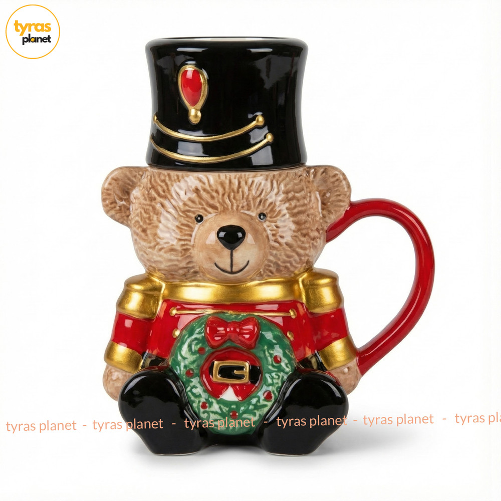 Christmas Nutcracker Teddy Bear Topper Mug Home For The Holidays Red Wreath 24oz