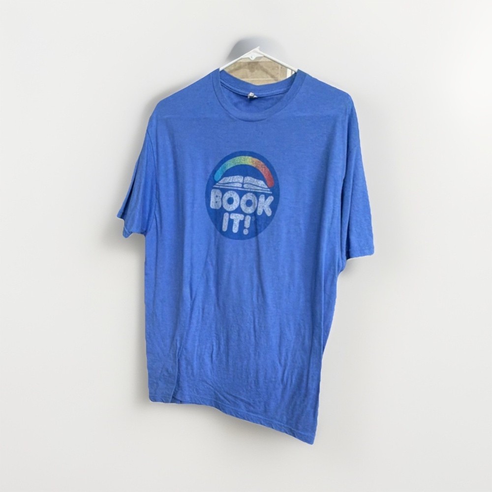 Vintage Optima Book It! Blue Graphic Crew Men's T-Shirt XL Short Sleeve