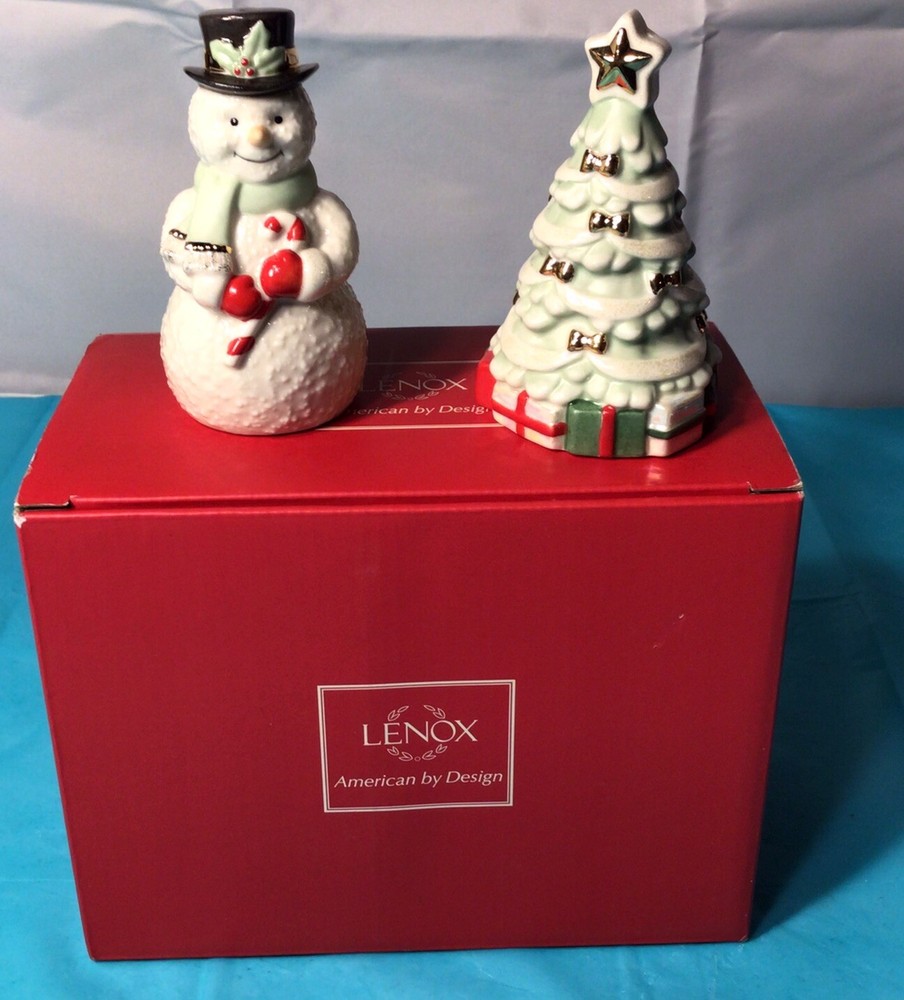 Lenox Salt Pepper Shakers snowman  and  christmas tree  New In Box