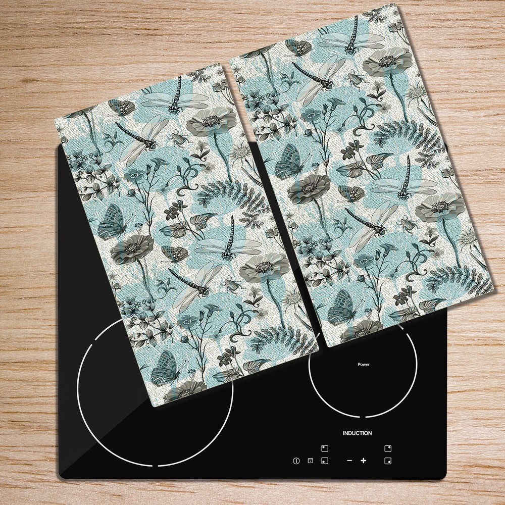 Glass Kitchen Chopping Cutting Board Botanical insects blue and beige 2x30x52