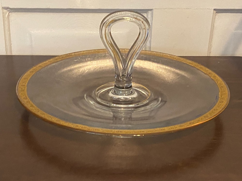 Vintage Clear Glass Serving Dish Gold Rim & Center Handle – Elegant MCM design