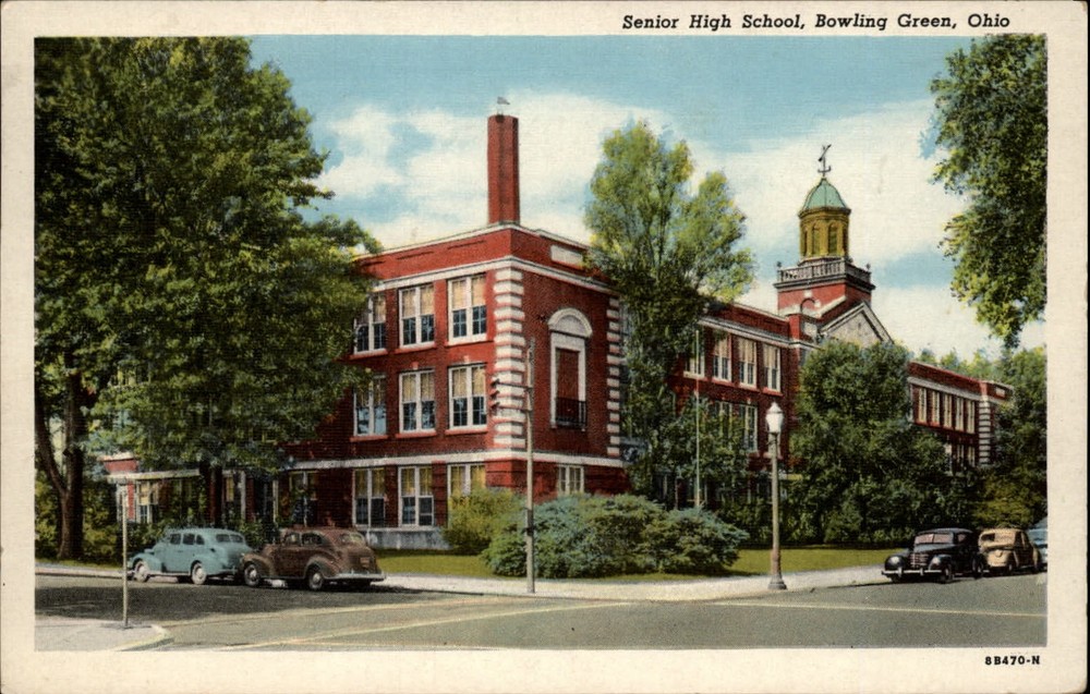 Bowling Green Ohio Senior High School 1930-40s cars mailed 1950 linen postcard