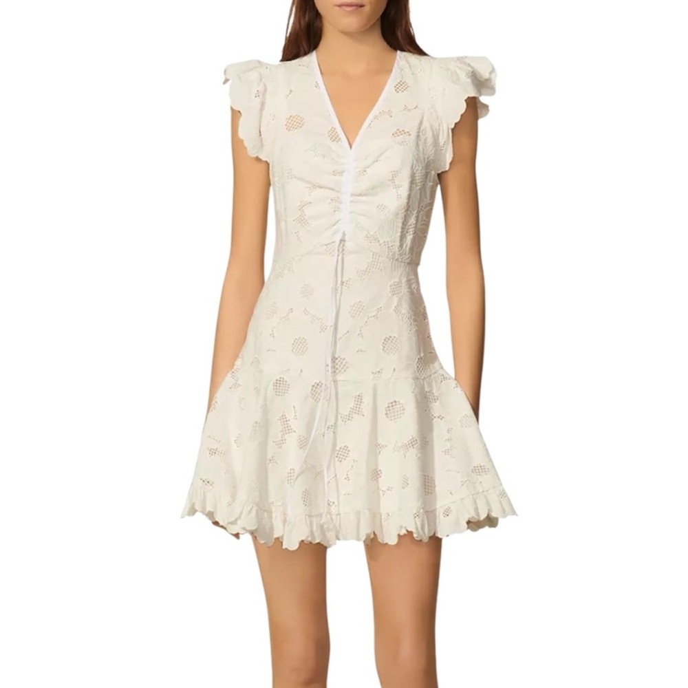 SANDRO Embroidered Floral Mesh Ruffle Brasilia Dress in Off-White Size 38**- NWT