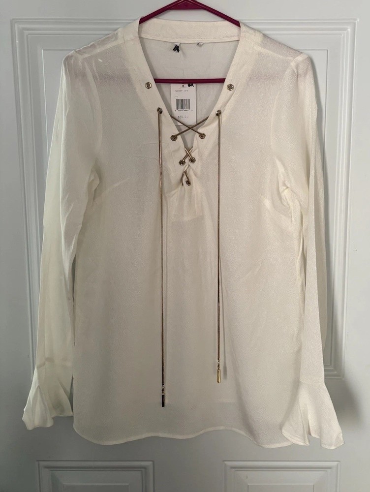 • Marciano by Guess Women’s Ivory Lace-Up Long Sleeve Blouse Size Medium