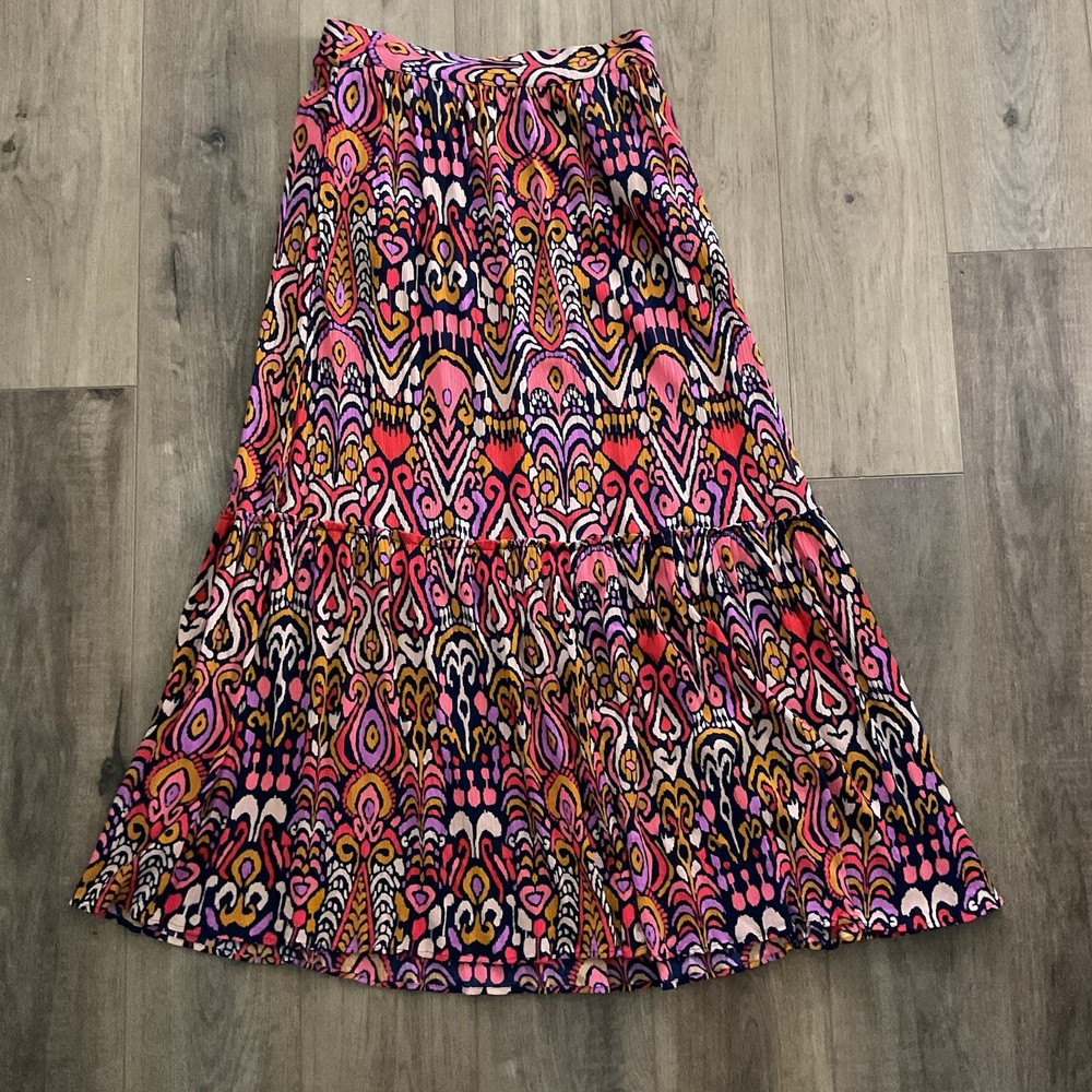 Boden Boho print tiered maxi skirt, pockets, US size 10, navy pink cream